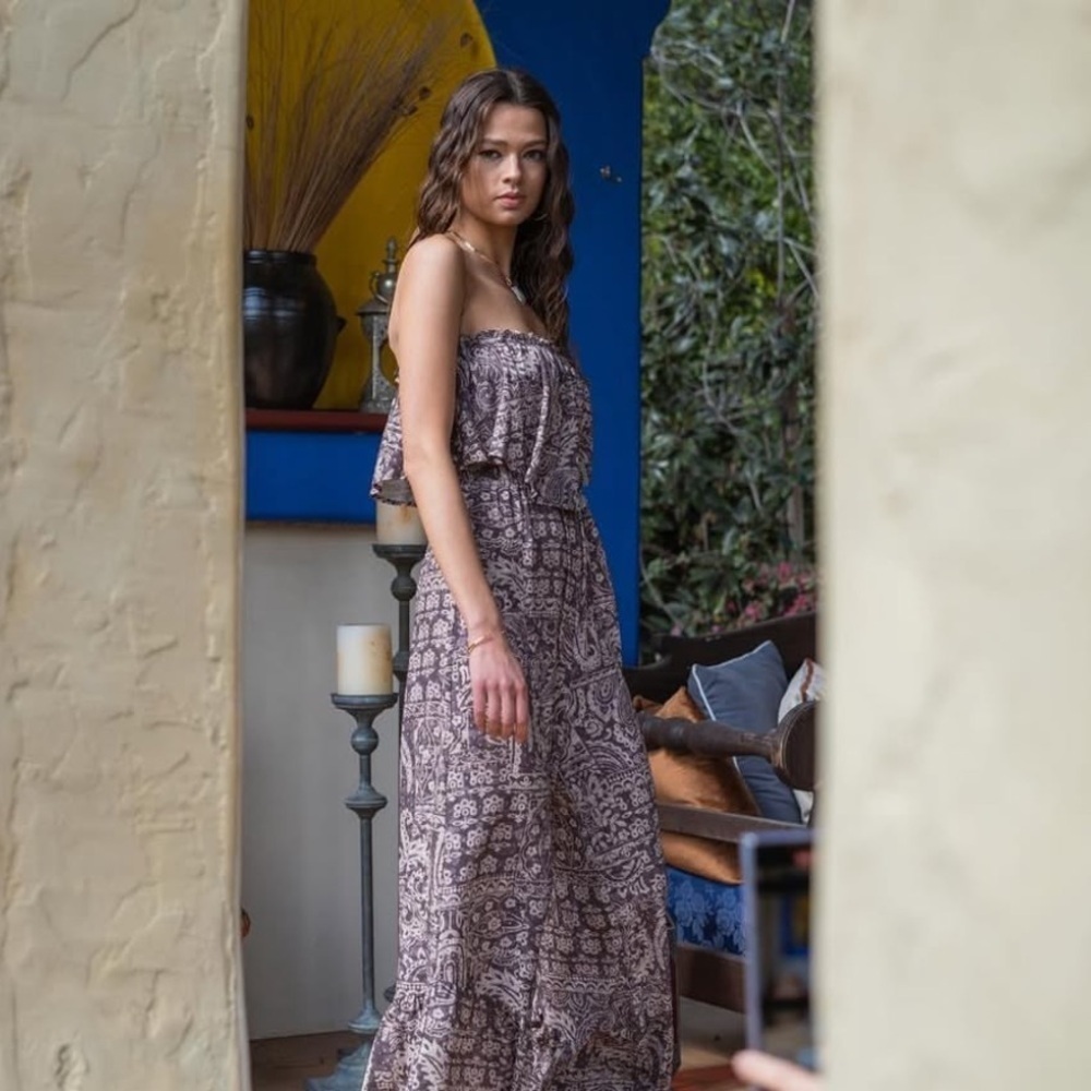 Illa Illa Paisley Off-Shoulder Jumpsuit - Wide Leg - Brown